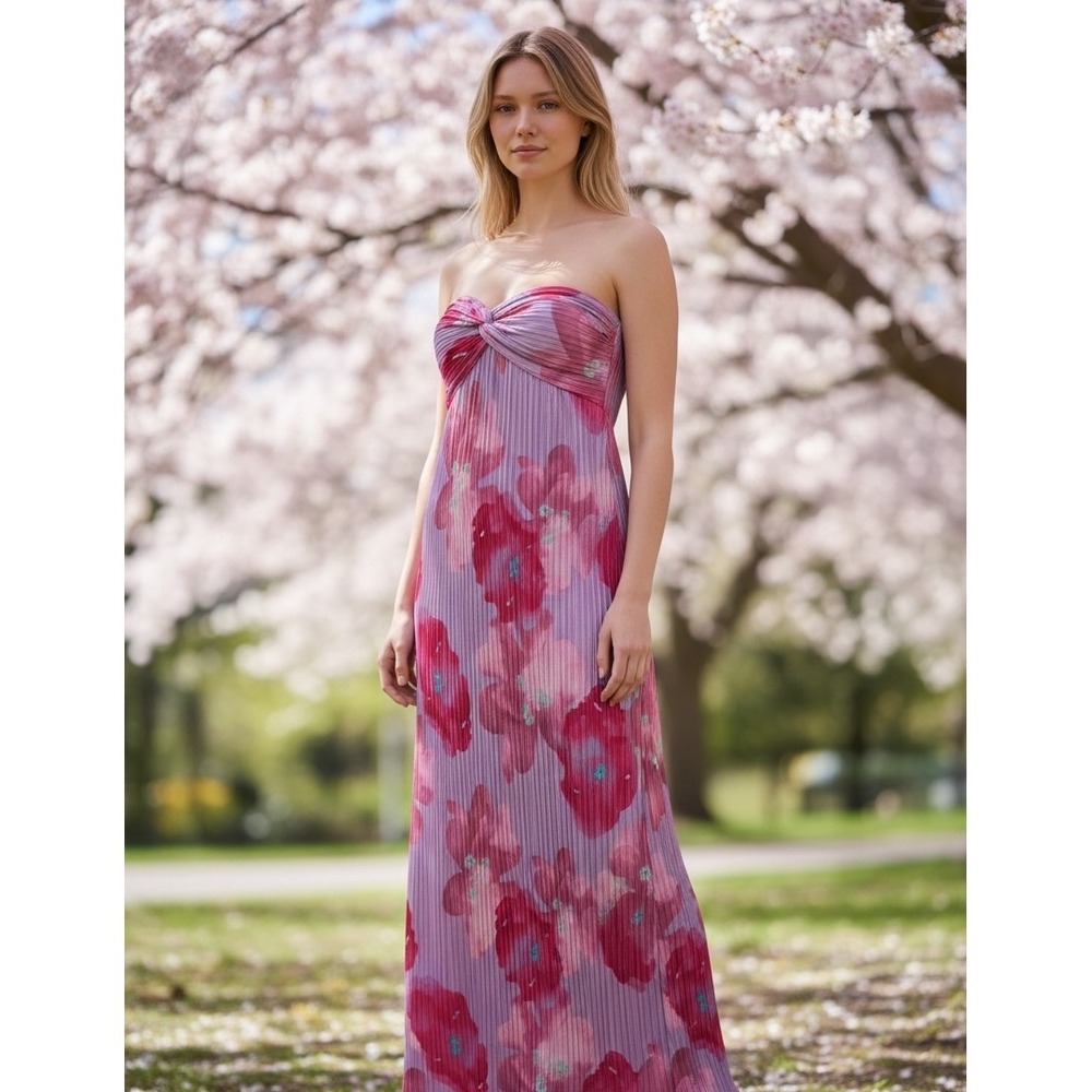 Floral Pleated Maxi Dress 6 Pink Strapless Twist Front Boho Chic Summer Plisse